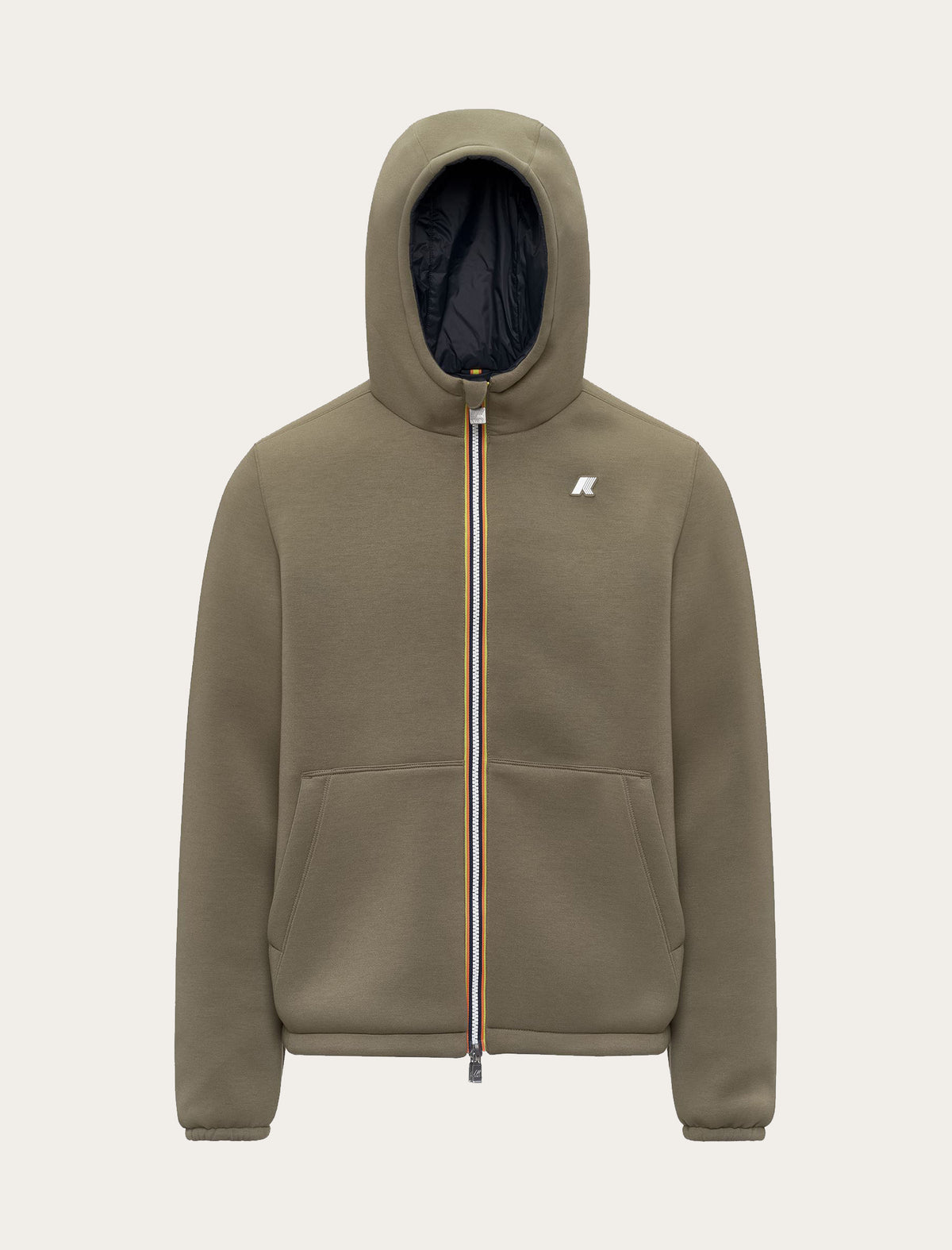 Veste zippée K-Way Jack Spacer Nylon Double kaki — capuche doublée marine et zip tricolore