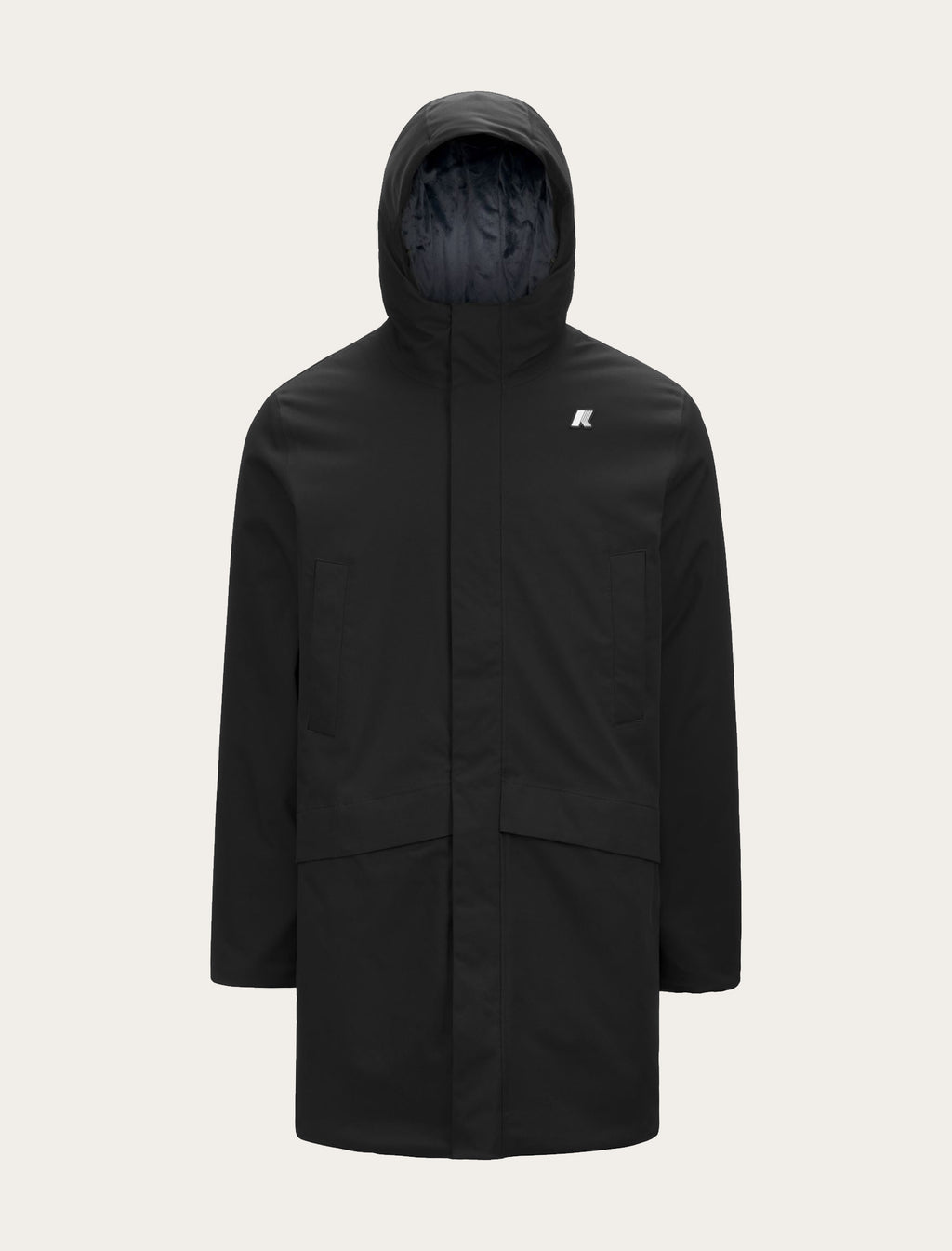 Parka longue K-Way Jarno Twill Marmotta noire — imperméable, poches plaquettes et capuche