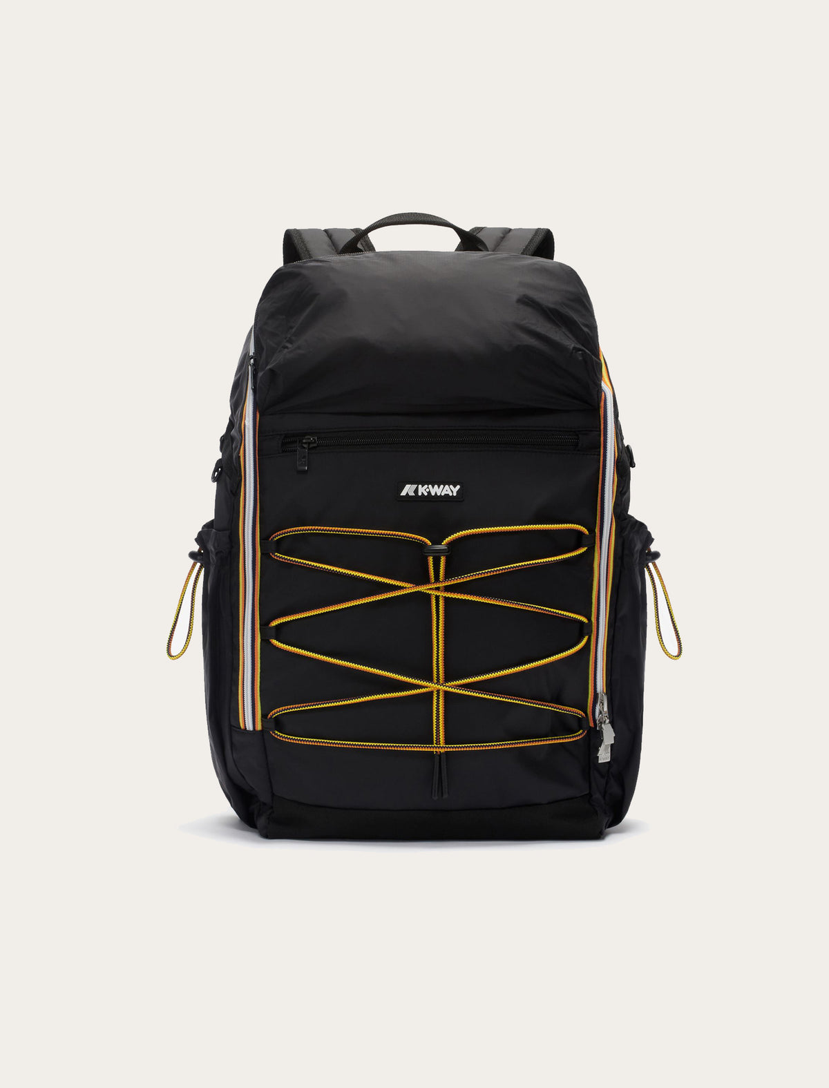 Sac à dos K-Way Monte Limar noir — nylon imperméable, sangles élastiques jaunes et bandes tricolores