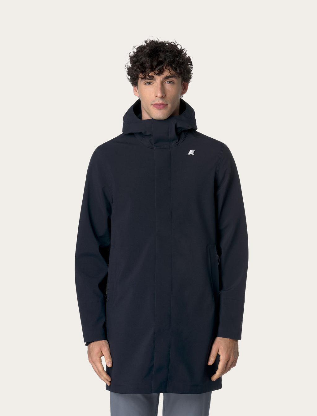 Parka longue K-Way Thomas Bonded marine portée — capuche et fermeture avant épurée