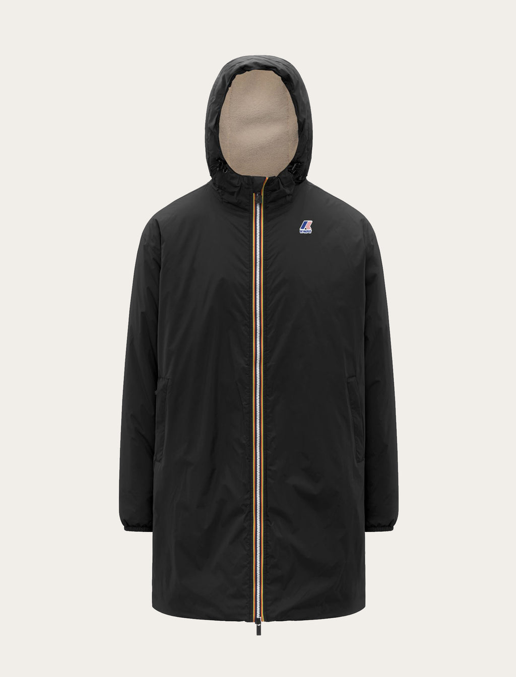 Parka longue K-Way Le Vrai 4.0 Eiffel East Orsetto noire — capuche doublée sherpa beige et zip tricolore