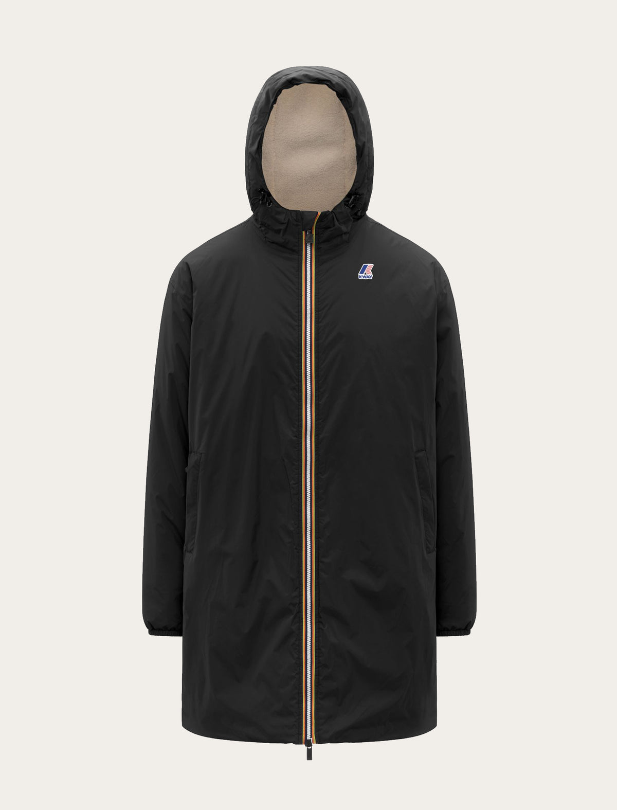 Parka longue K-Way Le Vrai 4.0 Eiffel East Orsetto noire — capuche doublée sherpa beige et zip tricolore