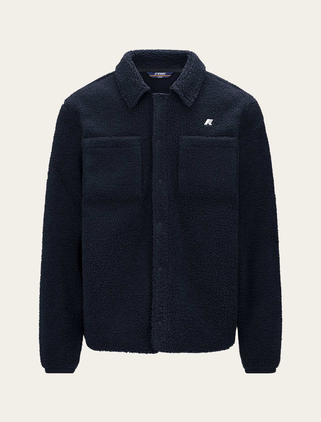 Veste sherpa bouclette K-Way Cameron Polar marine — col chemise, boutonnage et poches poitrine