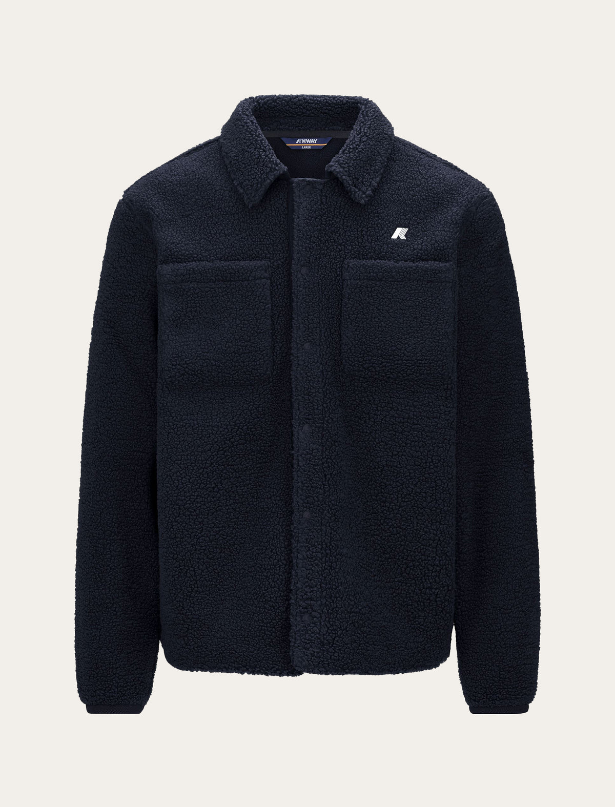 Veste sherpa bouclette K-Way Cameron Polar marine — col chemise, boutonnage et poches poitrine