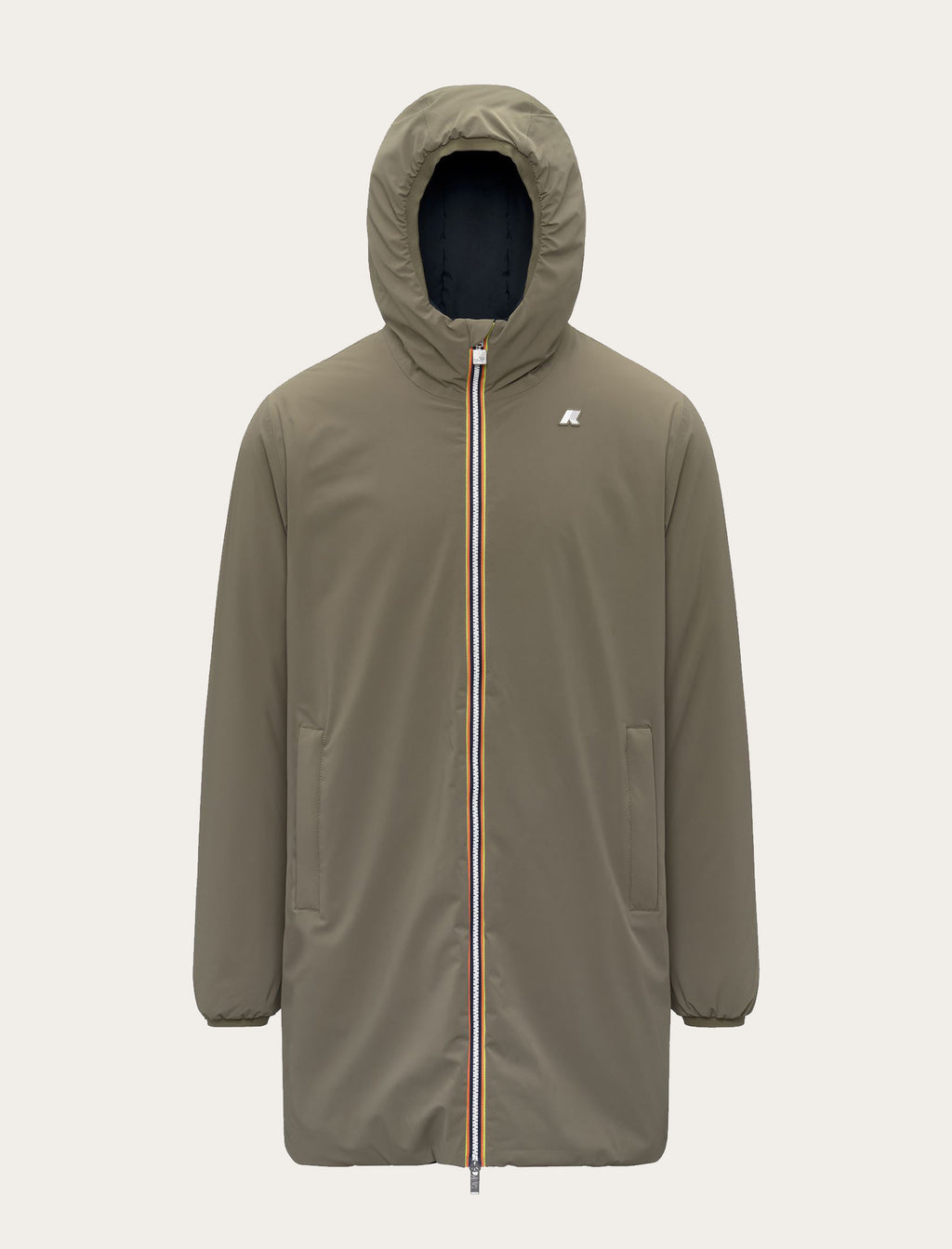 Parka longue K-Way Jacob St Warm Double kaki — imperméable, capuche et zip tricolore