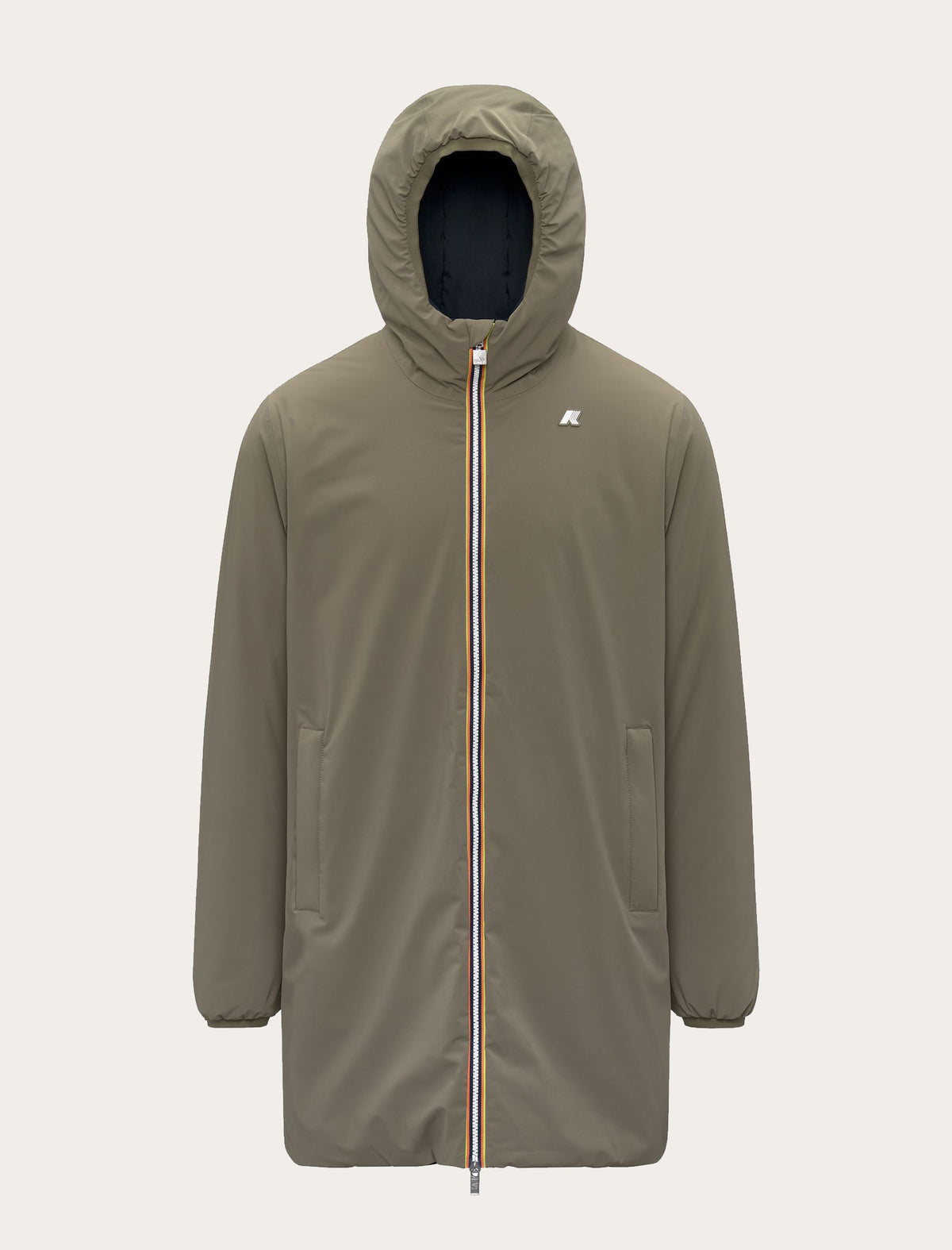 Parka longue K-Way Jacob St Warm Double kaki — imperméable, capuche et zip tricolore