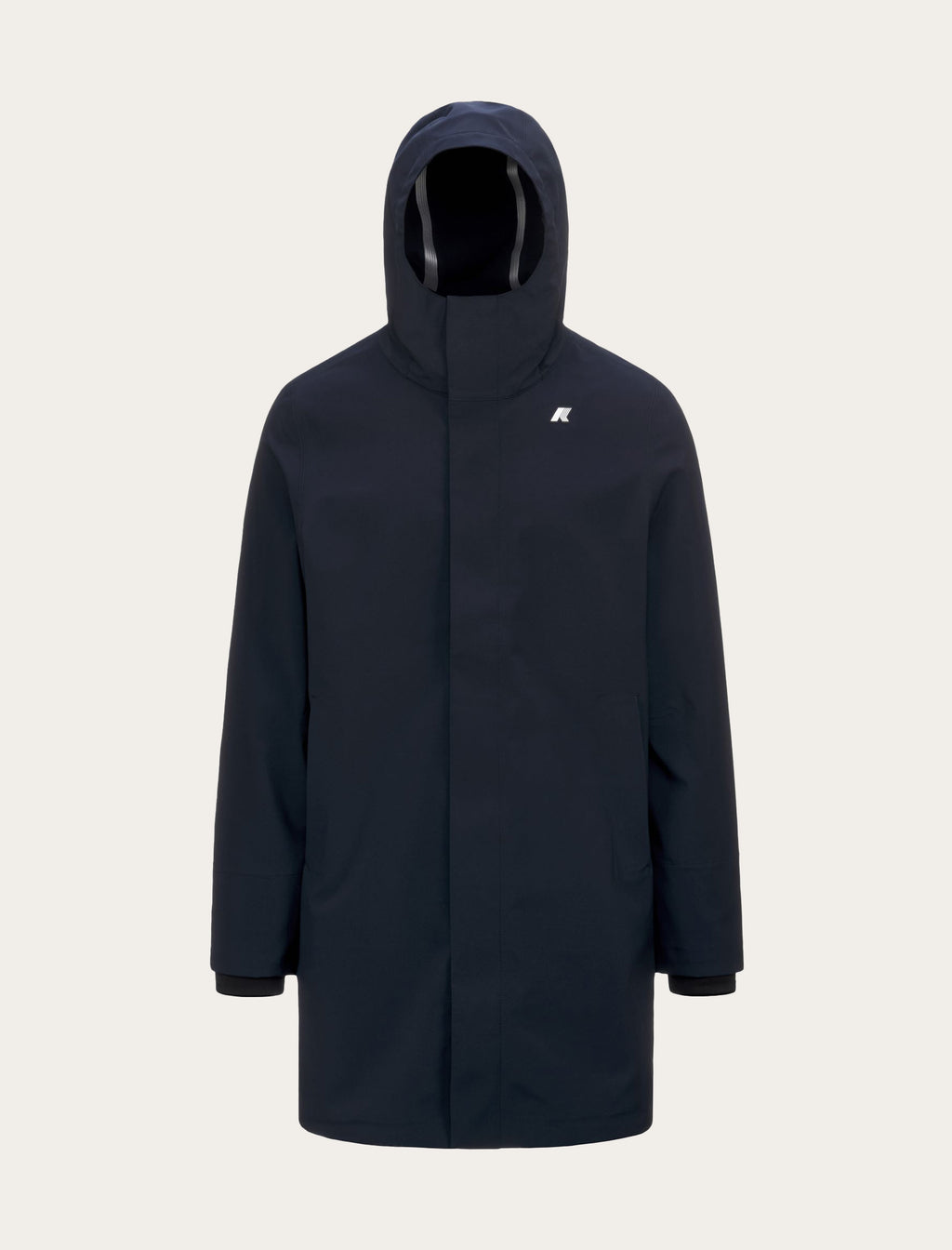 Parka longue K-Way Thomas Bonded marine — tissu bonded imperméable, capuche structurée et logo brodé