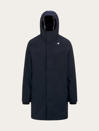 Parka longue K-Way Thomas Bonded marine — tissu bonded imperméable, capuche structurée et logo brodé