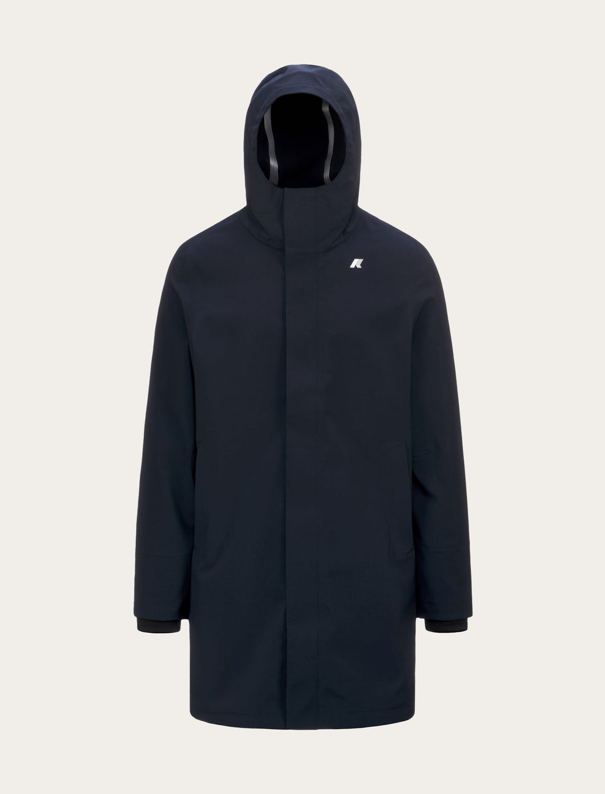 Parka longue K-Way Thomas Bonded marine — tissu bonded imperméable, capuche structurée et logo brodé