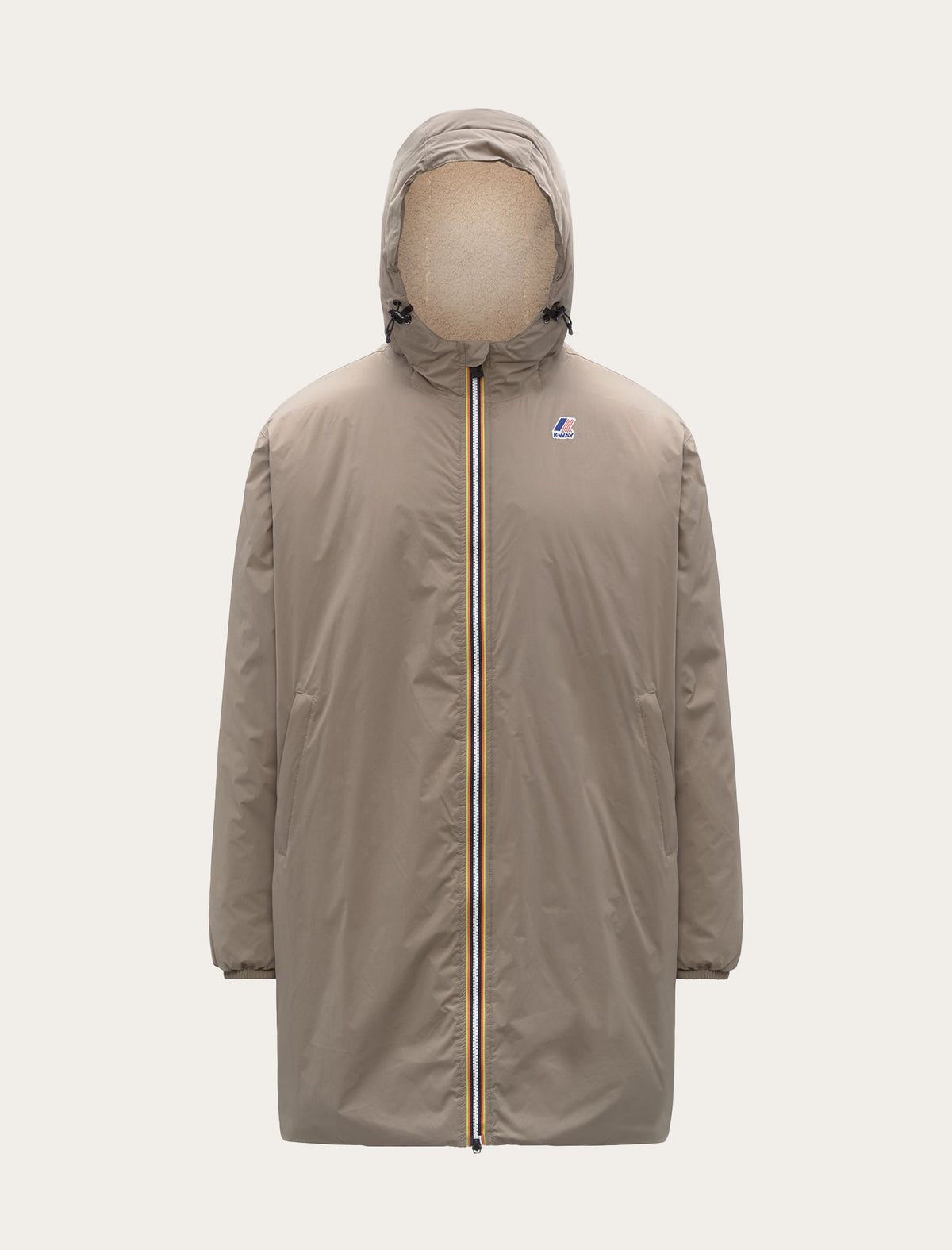 Parka longue K-Way Le Vrai 4.0 Eiffel East Orsetto taupe — capuche doublée sherpa et zip tricolore